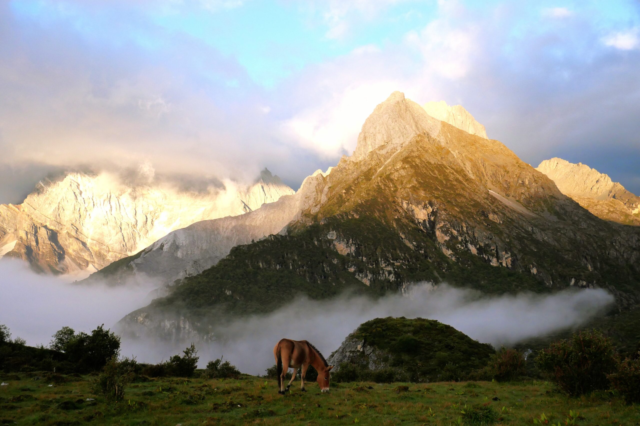 Goldene Morgenstunden beim Trekking im Hochgebirge Yading.